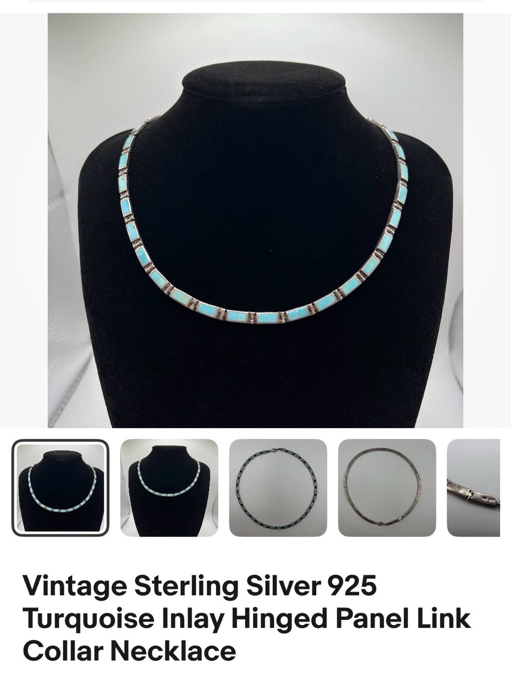 Vintage Sterling Silver Turquoise Inlay Panel Link Necklace 17 inches Excellent